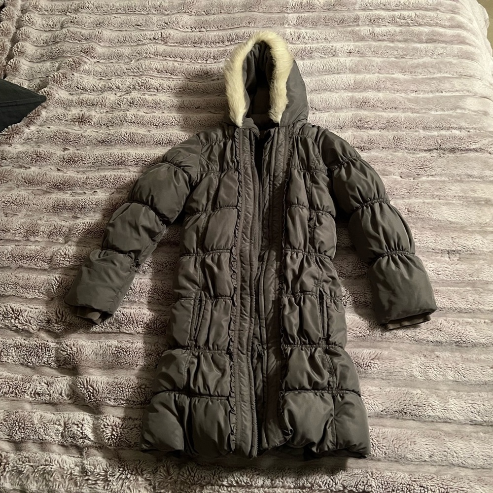 Gymboree Girls Long Zip-Up Puffer Jacket w/ Faux Fur Hood. Size L (10-12).
